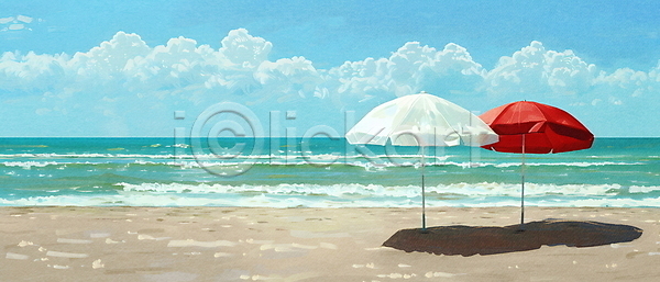 휴식 사람없음 PSD 편집이미지 구름(자연) 그늘 모래 여름(계절) 자연 파도 파라솔 파란색 하늘 해변 햇빛 휴양지