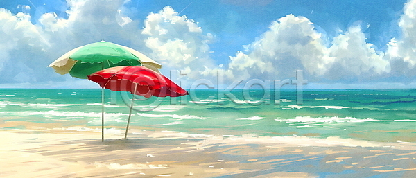 휴식 사람없음 PSD 편집이미지 구름(자연) 그늘 모래 여름(계절) 자연 파도 파라솔 파란색 하늘 해변 햇빛 휴양지