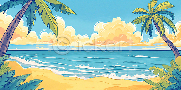 휴식 사람없음 JPG 일러스트 구름(자연) 백그라운드 복고 야자수 여름(계절) 자연 파도 파란색 풍경(경치) 하늘 해변 휴가 휴양지