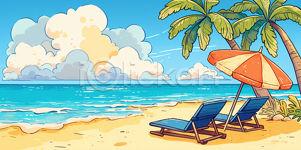 휴식 사람없음 JPG 일러스트 구름(자연) 백그라운드 복고 선베드 야자수 여름(계절) 자연 파도 파라솔 파란색 풍경(경치) 하늘 해변 휴가 휴양지