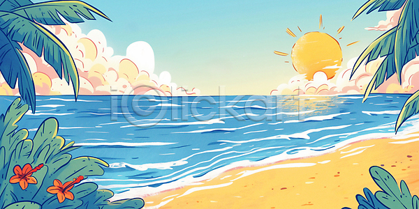 휴식 사람없음 JPG 일러스트 구름(자연) 꽃 백그라운드 복고 야자수 여름(계절) 일몰 자연 파도 파란색 풍경(경치) 하늘 해변 휴가 휴양지