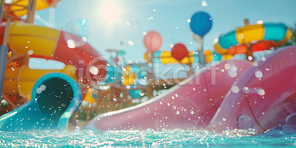사람없음 JPG 디지털합성 편집이미지 놀이 물방울 미끄럼틀 여름(계절) 워터파크 풍선 햇빛