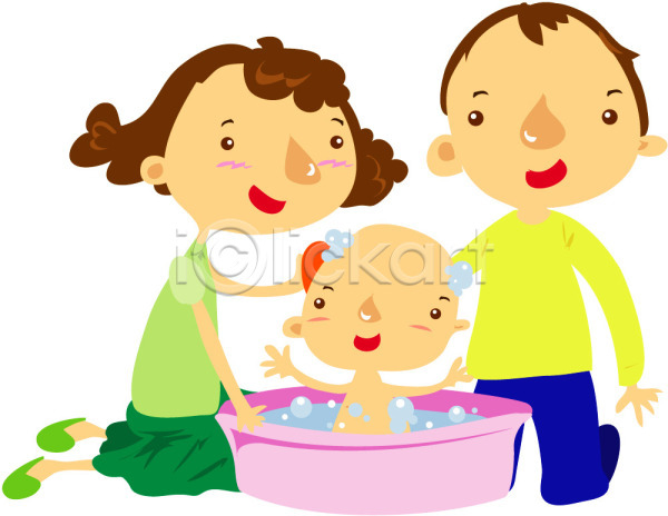 남자 사람 세명 아기 여자 EPS 일러스트 가족 목욕 육아 전신 클립아트