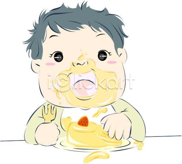 지저분함 사람 아기 아기만 한명 EPS 일러스트 디저트 먹기 상반신 음식 케이크 클립아트 턱받이 포크