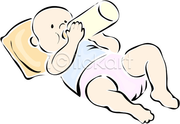 사람 아기 아기만 한명 EPS 일러스트 눕기 들기 먹기 베개 우유 우유병 전신 젖병 클립아트