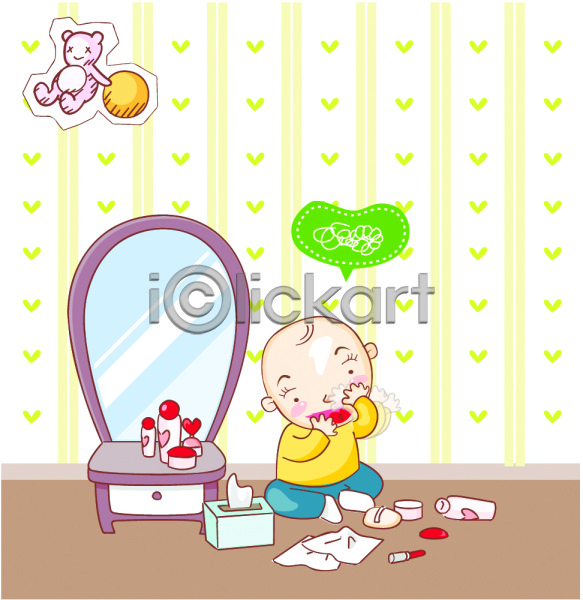 행복 사람 아기 아기만 한명 EPS 일러스트 가족 라이프스타일 립스틱 말썽 방 실내 장난 장난감 화장 화장대 화장품
