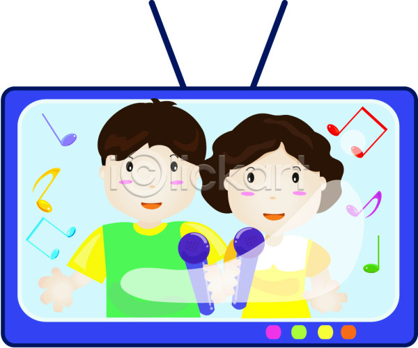 남자 두명 사람 여자 EPS 일러스트 가전제품 노래 들기 마이크 상반신 스크린 음표 전자제품 커플 컬러 클립아트 텔레비전 파란색 한쌍