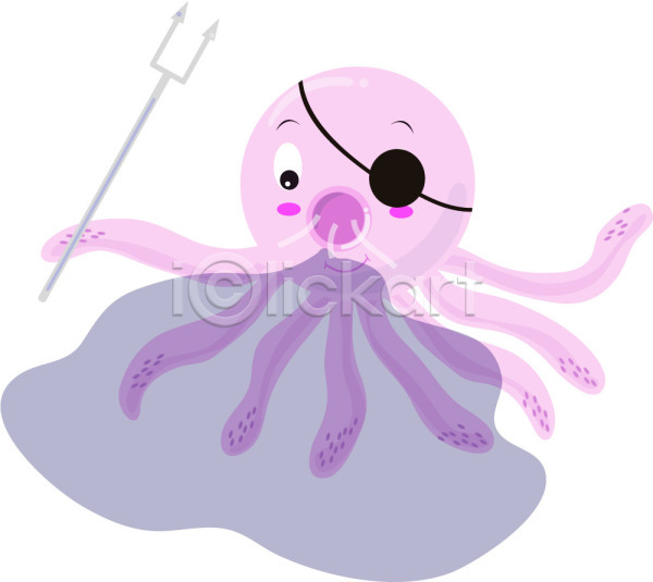 사람없음 EPS 일러스트 동물 들기 먹 문어 바다동물 분홍색 안대 연체동물 창 캐릭터 컬러 클립아트 한마리 해적