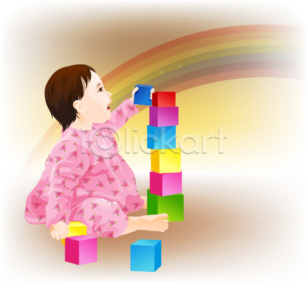 귀여움 사람 아기 아기만 한명 EPS 일러스트 가족 놀이 무지개 블록 육아 장난감