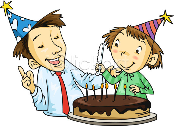 남자 두명 사람 여자 EPS 일러스트 가족 고깔(모자) 상반신 생일 생일케이크 아빠 자녀 자식 케이크 파티