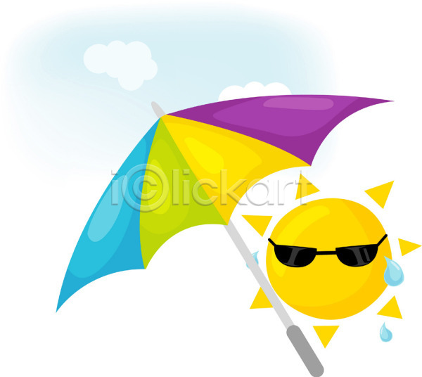 사람없음 EPS 일러스트 계절 구름(자연) 날씨 날씨캐릭터 더위 땀 맑음 선글라스 야외 여름(계절) 자연 자연요소 주간 캐릭터 클립아트 태양 파라솔 하늘 해
