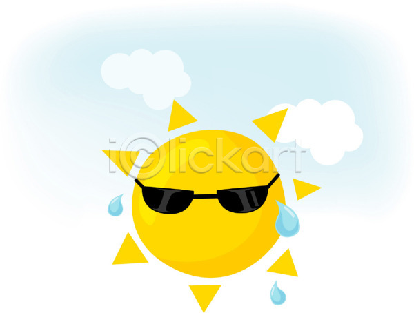 사람없음 EPS 일러스트 계절 구름(자연) 날씨 날씨캐릭터 더위 땀 맑음 선글라스 야외 여름(계절) 자연 자연요소 주간 캐릭터 클립아트 태양 하늘 해