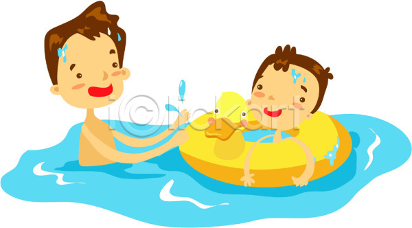 남자 남자만 두명 사람 소년 어린이 어린이만 EPS 일러스트 가족 물놀이 바캉스 상반신 수영 야외 여름(계절) 여름휴가 오리튜브 클립아트 튜브 형제