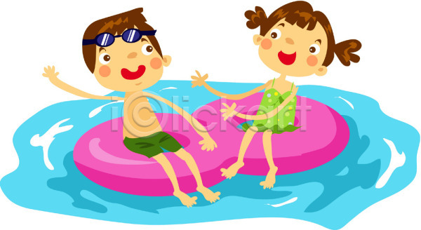 남자 두명 사람 소녀(어린이) 소년 어린이 어린이만 여자 EPS 일러스트 물놀이 바캉스 수영 수영복 앉기 야외 여름(계절) 여름휴가 여행 전신 클립아트 튜브 휴가