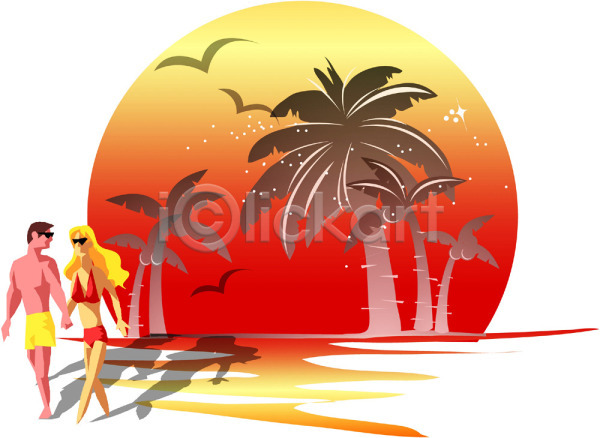 남자 사람 여자 EPS 일러스트 갈매기 나무 노을 동물 바다 바캉스 서기 수영복 식물 야외 야자수 여름(계절) 여름휴가 여행 일몰 자연 전신 조류 커플 클립아트 풍경(경치) 하늘 해변 휴가