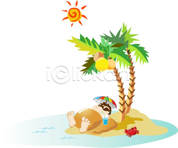 휴식 남자 남자만 사람 EPS 일러스트 게 꽃게 나무 눕기 모래 모래찜질 바다 바캉스 섬 식물 야외 야자수 여름(계절) 여름휴가 여행 음료 자연 전신 주간 주스 클립아트 태양 파라솔 풍경(경치) 하늘 해 휴가