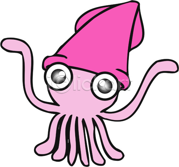 사람없음 EPS 일러스트 동물 바다동물 분홍색 연체동물 오징어 캐릭터 컬러 클립아트 한마리