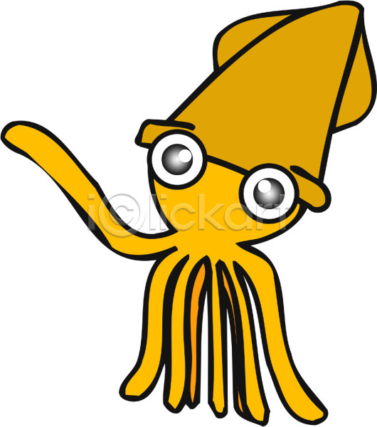 사람없음 EPS 일러스트 동물 바다동물 연체동물 오징어 주황색 캐릭터 컬러 클립아트 한마리