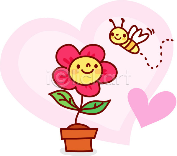 사람없음 EPS 일러스트 곤충 꽃 꿀벌 동물 벌(곤충) 식물 절지류 클립아트 화분