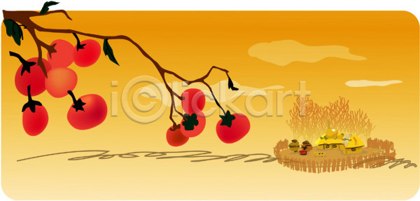 사람없음 EPS 일러스트 가을(계절) 감 감나무 과일 나뭇가지 농촌 명절 시골 식물 야외 열매 자연 추석 풍경(경치) 한국