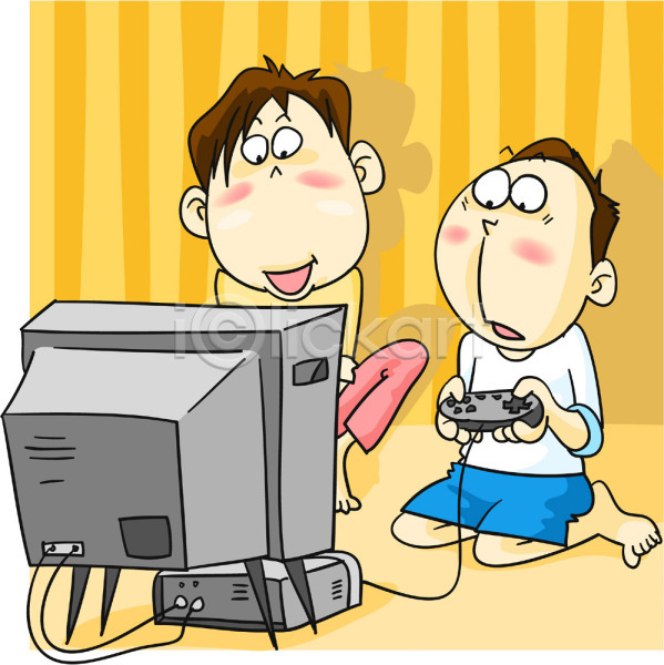 남자 남자만 두명 사람 소년 EPS 일러스트 게임 게임기 라이프스타일 실내 앉기 텔레비전