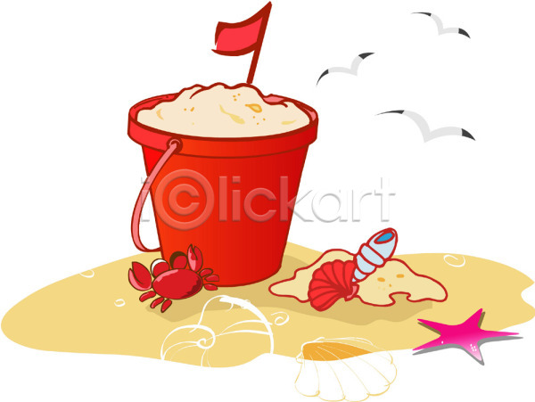 사람없음 EPS 일러스트 놀이용품 모래 모래사장 바다 바캉스 생활용품 양동이 여름(계절) 여름휴가 여행 클립아트 해변 해수욕 휴가