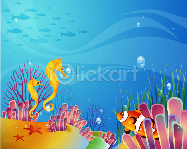 사람없음 EPS 일러스트 동물 바다 바다배경 바닷속 수중동물 어류 자연 척추동물 풍경(경치) 해마 해저