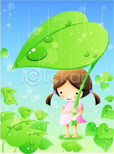 사람 소녀(어린이) 소녀만 소녀한명만 어린이 어린이만 여자 여자만 여자한명만 초등학생 한명 EPS 일러스트 나뭇잎 날씨 물방울 비(날씨) 서기 소서 야외 어린이라이프 잎 자연 전신 주간 초록색