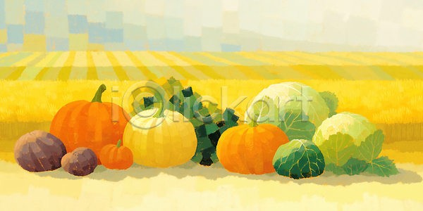 사람없음 JPG 일러스트 AI일러스트 국내일러스트 노란색 농작물 밭 수확철 양상추 호박