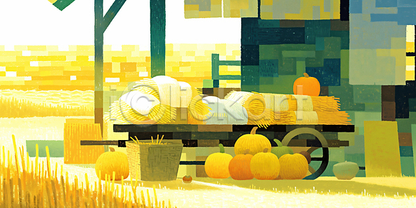 사람없음 JPG 일러스트 AI일러스트 국내일러스트 노란색 농작물 농장 밀짚 밭 수레 수확철 호박