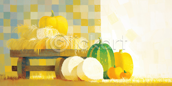 사람없음 JPG 일러스트 AI일러스트 국내일러스트 노란색 농작물 밀짚 수레 수확철 잔디 호박