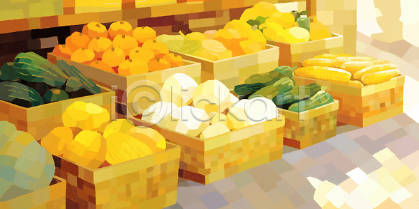 사람없음 JPG 일러스트 AI일러스트 국내일러스트 노란색 농작물 바구니 수확철 애호박 옥수수 채소가게