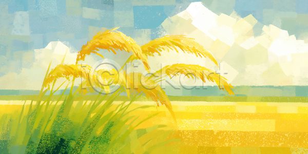 사람없음 JPG 일러스트 AI일러스트 구름 국내일러스트 노란색 농작물 밭 벼 수확철 하늘