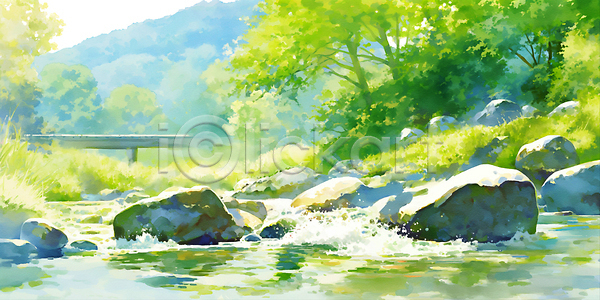 사람없음 JPG 일러스트 개울 국내일러스트 나무 다리(건축물) 바위(돌) 산속 수채화(물감) 여름풍경 자연 초록색 풀(식물)