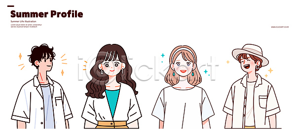 남자 성인 성인만 여러명 여자 AI(파일형식) 일러스트 귀걸이 머리띠 모자(잡화) 미소(표정) 반짝임 상반신 셔츠 여름옷 오오티디 일러캐릭터 캐주얼 패션