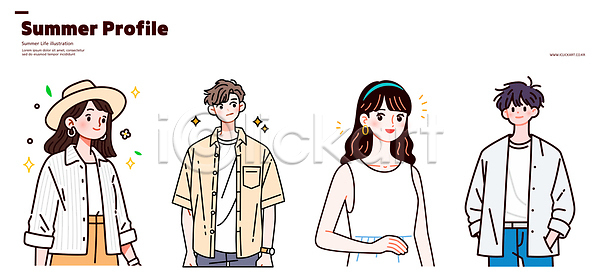 남자 성인 성인만 여러명 여자 AI(파일형식) 일러스트 귀걸이 머리띠 미소(표정) 반짝임 상반신 셔츠 손들기 여름옷 오오티디 일러캐릭터 주머니손 챙모자 캐주얼 패션