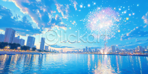 고요 즐거움 사람없음 JPG 일러스트 가로등 강가 건물 고층빌딩 구름(자연) 국내일러스트 도시 물결 반사 반짝임 밤하늘 불꽃놀이 빛 여름풍경 유화 축제 파란색 폭죽 하늘