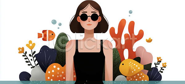 즐거움 여자 JPG 일러스트 검은색 국내일러스트 그래픽 그림 디자인 바다 수면 수영 수영복 수중 수중동물 식물 어류 유행 캐릭터 컬러