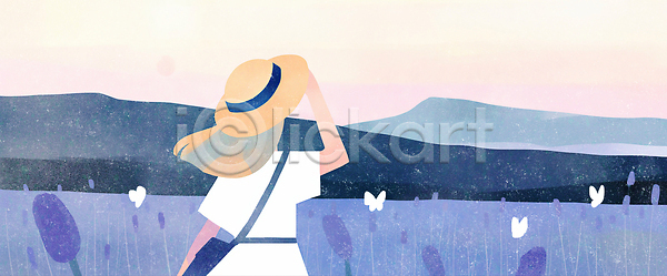 산책 여유 자유 평화 여자 JPG 일러스트 구름(자연) 국내일러스트 꽃밭 모자(잡화) 백그라운드 보라색 뷰티풀 산 소풍 일상 자연 탐험 하늘 힐링