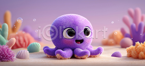 귀여움 3D JPG 편집이미지 라이프 문어 바다 바닥 보라색 산호 수중 수중동물 자연 조개 주황색 컬러 편집3D