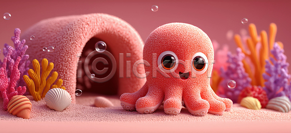 귀여움 즐거움 3D JPG 편집이미지 거품 그림 문어 바다 분홍색 산호 생물 수중동물 식물 자연 캐릭터 탐험 편집3D