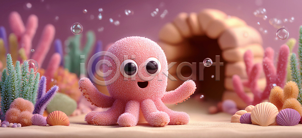 즐거움 3D JPG 편집이미지 거품 문어 바다 바닷속 분홍색 수조 수중 수중동물 아기자기 편집3D 해양식물