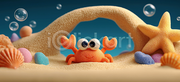 즐거움 3D JPG 편집이미지 게 놀이 모래사장 바다 수중 수중동물 자연 조개 조약돌 컬러 편집3D 해변