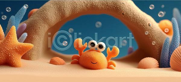 3D JPG 편집이미지 게 놀기 물방울 바다 바닷속 산호 생태계 수중동물 자연 조개 주황색 편집3D 해양식물 해저 환경