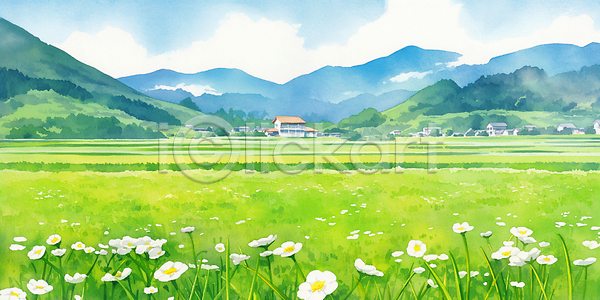 평화 JPG 일러스트 국내일러스트 꽃 날씨 농촌 맑음 산 색감 생명 시골 자연 전통 주택 초원(자연) 하늘 햇빛