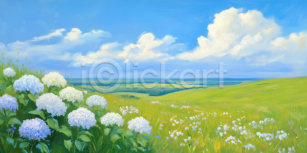 귀여움 JPG 일러스트 Hydrangea 국내일러스트 그림 꽃 맑음 밝음 봄 뷰티풀 예술 자연 초록색 파란색 하늘 햇빛