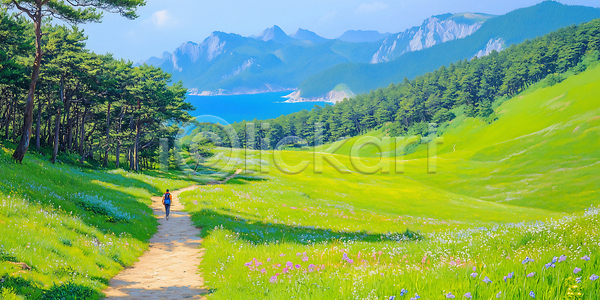 산책 평화 JPG 일러스트 국내일러스트 꽃 나무 바다 보행자 산 소풍 여행 자연 조용 초승달 탐방 풍경(경치) 해변
