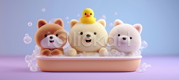 귀여움 즐거움 3D JPG 편집이미지 AI컴퓨터그래픽 AI콘텐츠 곰 동물 목욕 비눗방울 오리 욕조 인형 장면 장식 캐릭터 컬러 편집3D