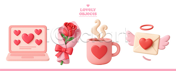 귀여움 사랑 3D아이콘 PSD 아이콘 감정 그림 노트북 디자인 머그컵 분홍색 아기자기 오브젝트 장미 장식 창의성 편지