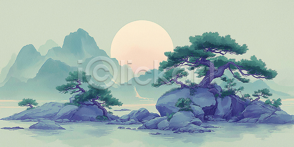 고요 보호 평화 JPG 일러스트 AI일러스트 AI콘텐츠 국내일러스트 물 뷰티풀 산 소나무 숲 예술 일몰 일출 자연 조경 초록색 큰바위 풍경 하늘 호수
